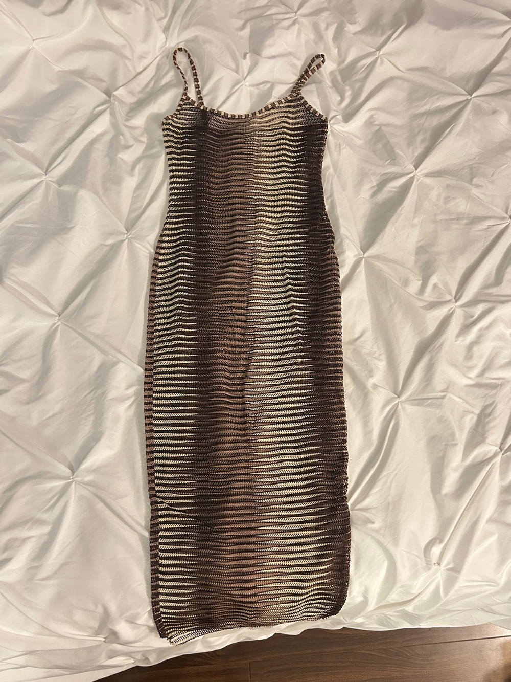 Women Brown Mesh Cream Cover Up Knit See through Colossus Maxi Dress Stripe - Picture 2 of 3